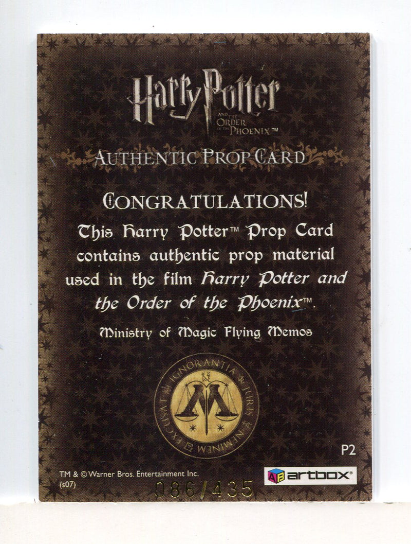Harry Potter Order Phoenix Update Flying Memos Prop Card P2 HP #086/435   - TvMovieCards.com