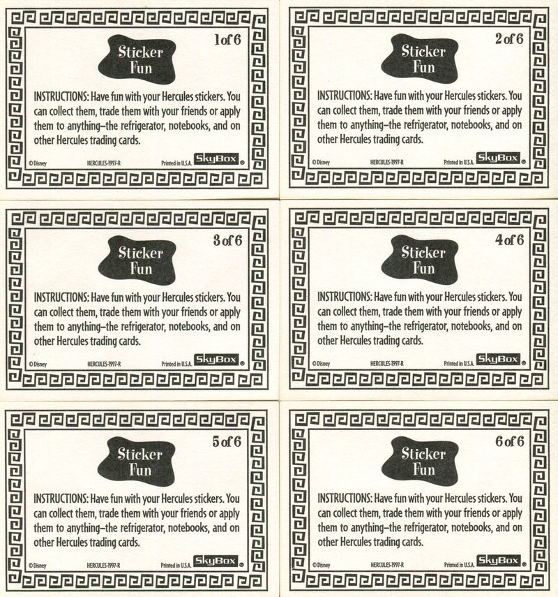 Hercules Disney Movie Sticker Chase Card Set 6 Sticker Cards Fleer/Skybox 1997   - TvMovieCards.com