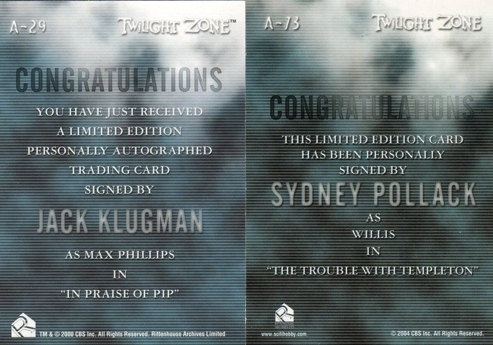 Twilight Zone Jack Klugman A-29 & Sydney Pollack A-73 Unsigned Card Lot   - TvMovieCards.com