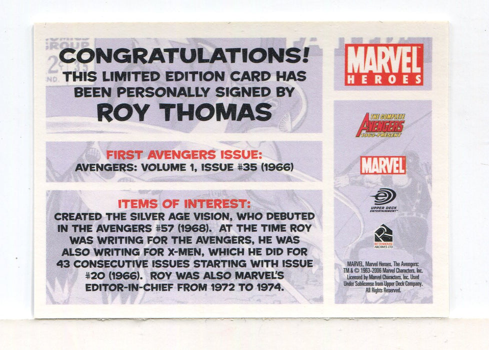 Avengers Complete 1963 to Present Roy Thomas Autograph Card   - TvMovieCards.com