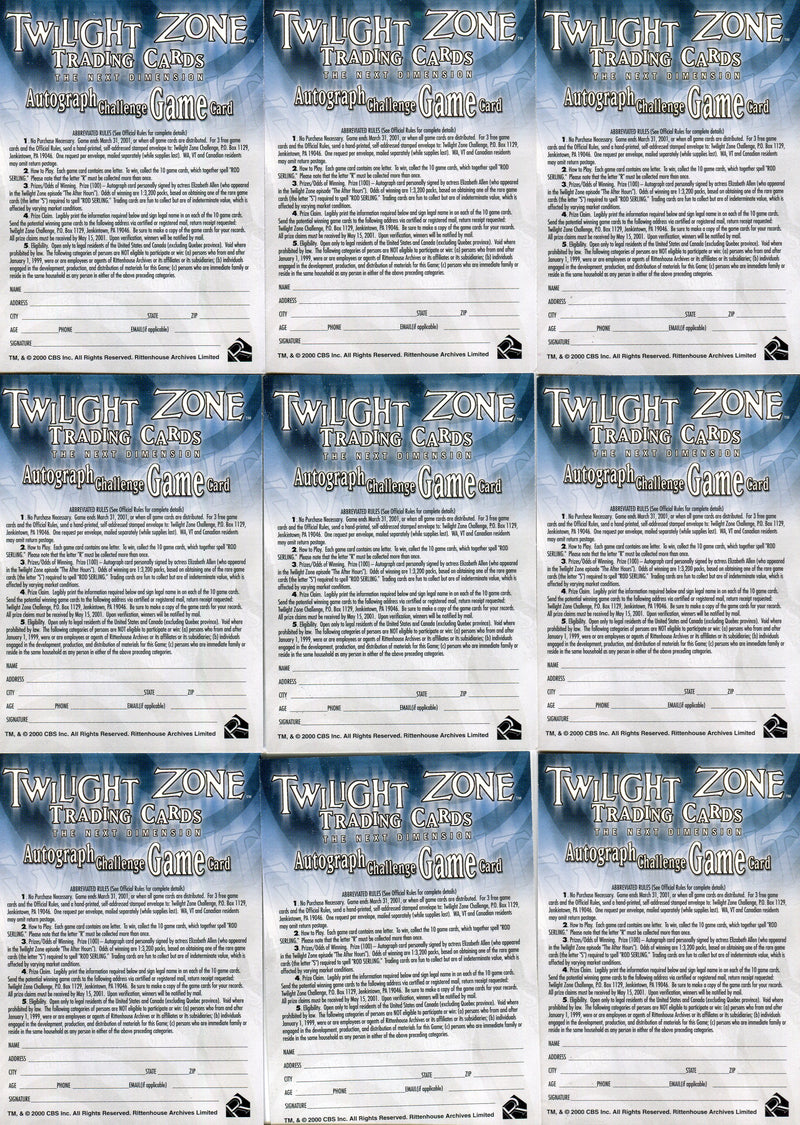 Twilight Zone 2 Next Dimension Autograph Challenge Game Chase Card Set (9)   - TvMovieCards.com