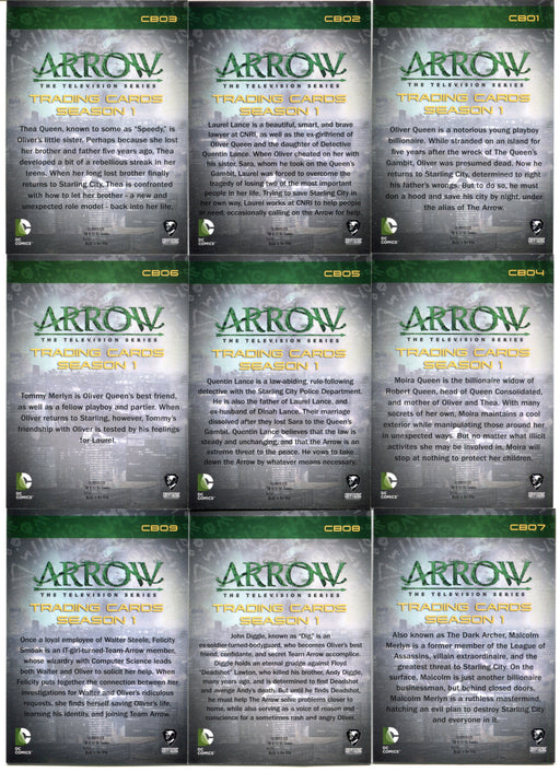 Arrow Season 1 One Character Bios CB01-CB18 Chase Card Set Cryptozoic 2014 - TvMovieCards.com