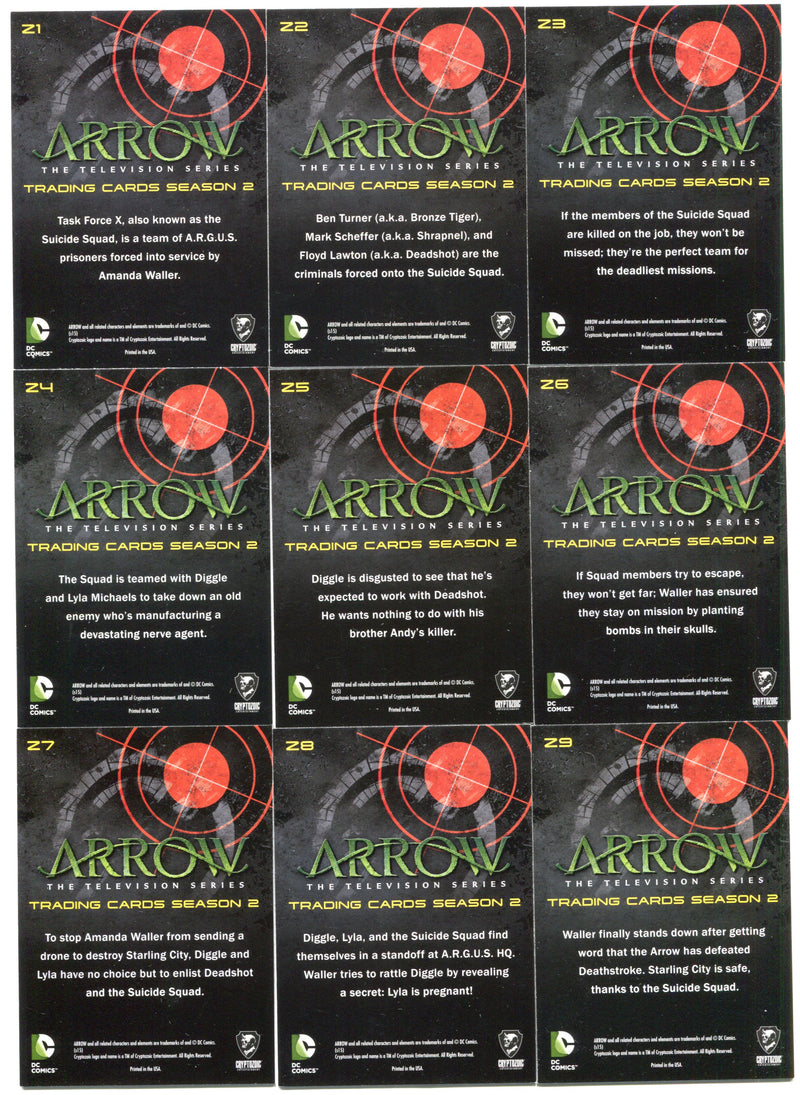 2015 Arrow Season 2 Red Foil Stamp Parallel Suicide Squad Chase Card Set Z1-Z9 - TvMovieCards.com