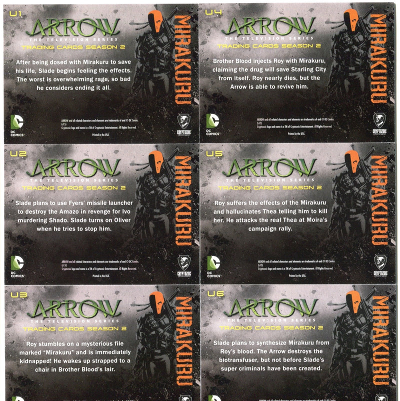 2015 Arrow Season 2 Green A Foil Stamp Parallel Mirakuru Chase Card Set U1-U6