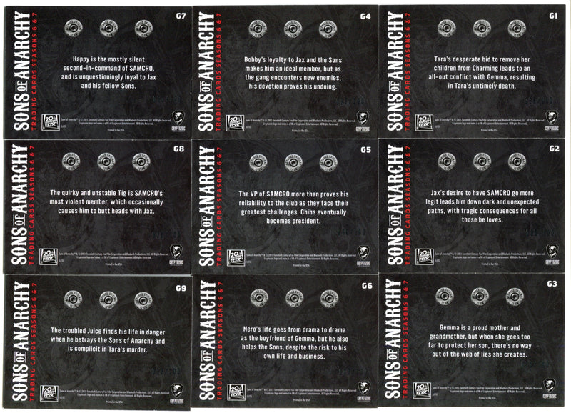 2015 Sons of Anarchy Season 6 & 7 Silver Foil Gallery Chase Card Set G1 - G9   - TvMovieCards.com
