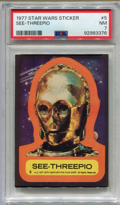 1977 Star Wars Sticker SEE-THREEPIO C3P0 #5 Trading Card PSA 7 NM   - TvMovieCards.com