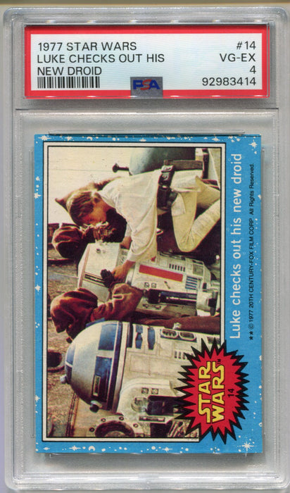 1977 Star Wars Luke Checks Out His New Droid #14 Trading Card PSA 4 VG-EX   - TvMovieCards.com