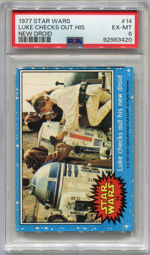 1977 Star Wars Luke Checks Out His New Droid #14 Trading Card PSA 6 EX-MT   - TvMovieCards.com