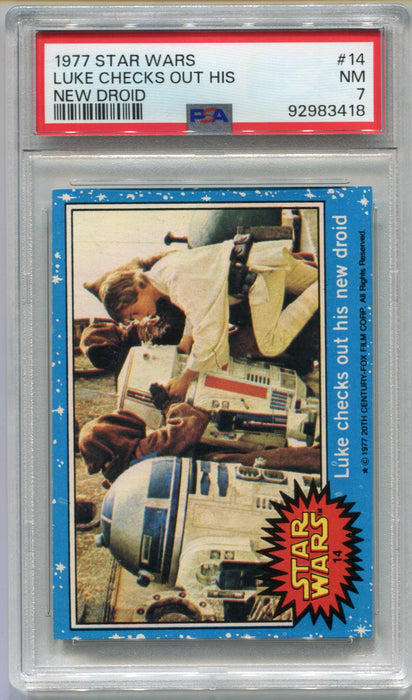 1977 Star Wars Luke Checks Out His New Droid #14 Trading Card PSA 7 NM   - TvMovieCards.com