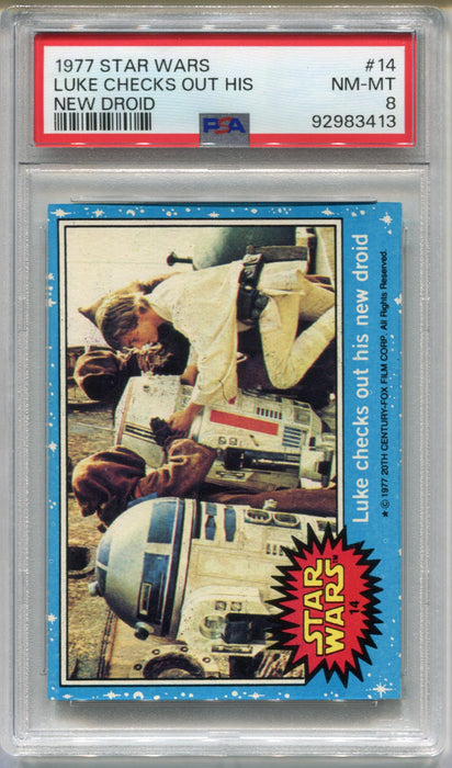 1977 Star Wars Luke Checks Out His New Droid #14 Trading Card PSA 8 NM-MT   - TvMovieCards.com