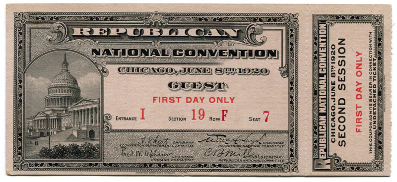 1920 Republican National Convention Ticket First Day 2nd Session Guest Chicago - TvMovieCards.com