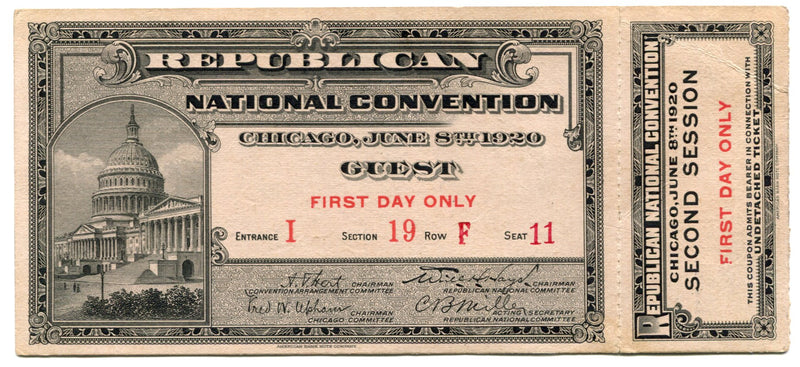 1920 Republican National Convention Ticket First Day 2nd Session Guest Chicago - TvMovieCards.com