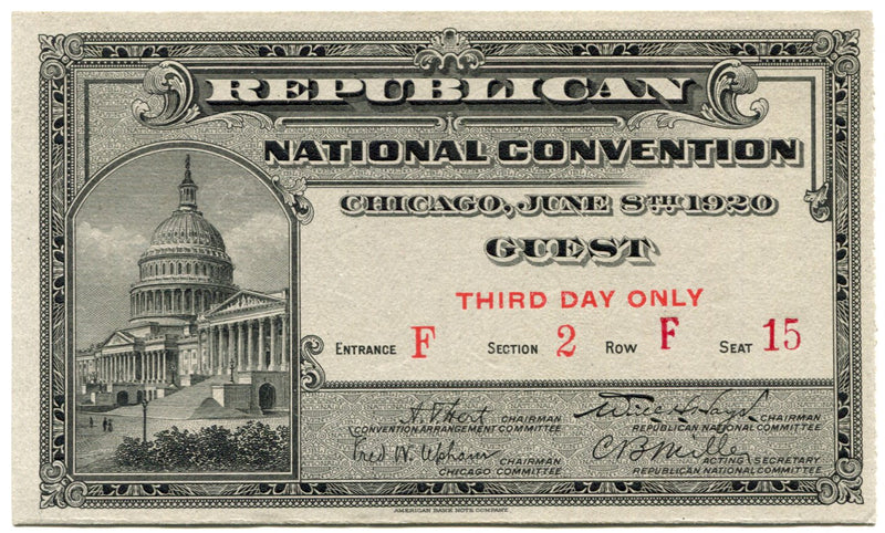 1920 Republican National Convention Ticket Third Day Guest Chicago - TvMovieCards.com