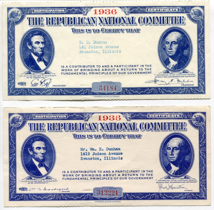(2) 1936 Republican National Committee Participant Certificate - TvMovieCards.com