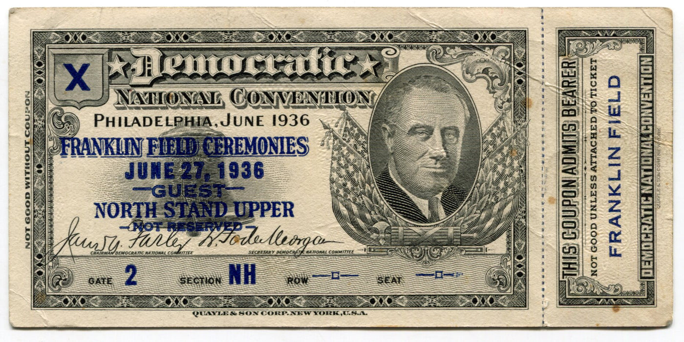 1936 Democratic National Convention Ticket FDR Franklin D Roosevelt Ceremonies - TvMovieCards.com