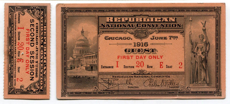1916 Republican National Convention Ticket First Day Guest Chicago June 7th - TvMovieCards.com