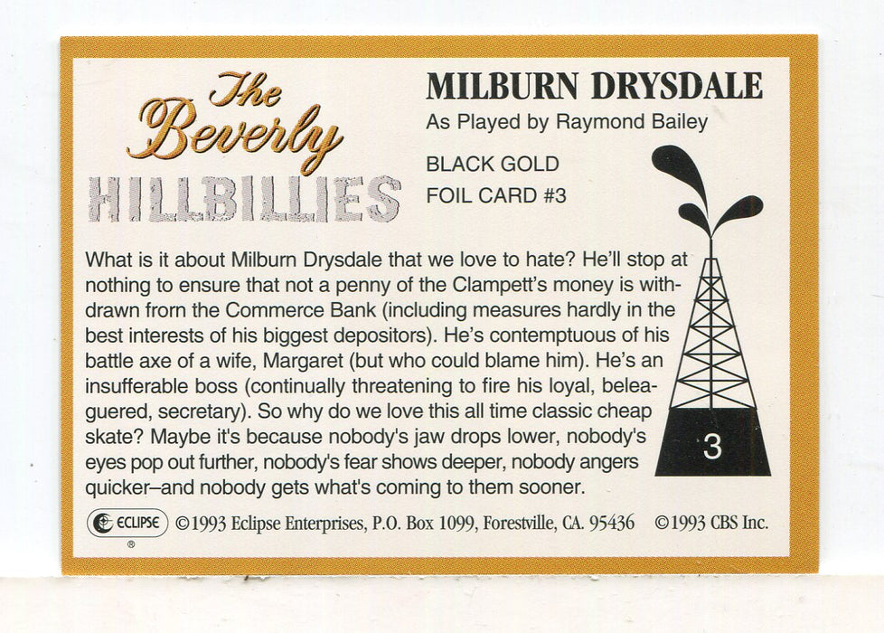 Beverly Hillbillies Black Gold Foil Chase Card Milburn Drysdale #3 Eclipse 1993   - TvMovieCards.com