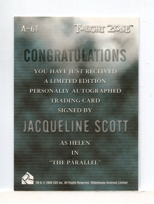 Twilight Zone 3 Shadows and Substance Jacqueline Scott Autograph Card A-61 A61   - TvMovieCards.com