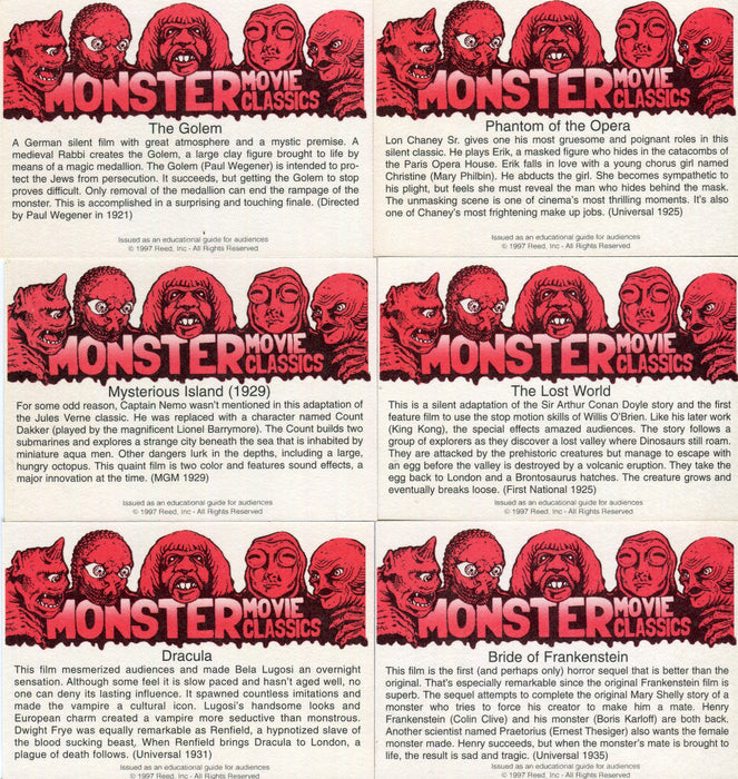 1997 Monster Movie Classics Series 1 Promo Card Set 6 Cards Reed   - TvMovieCards.com