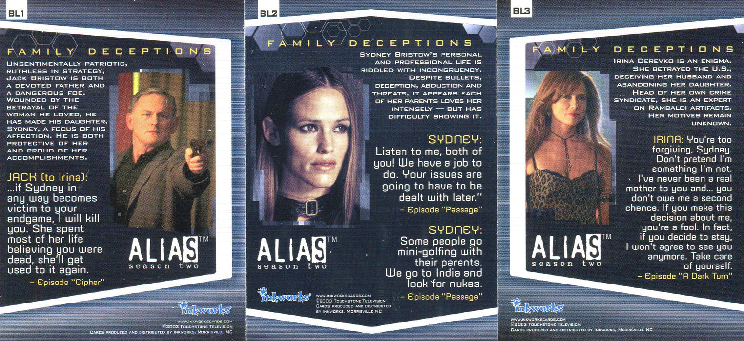 Alias Season 2 Box Loader Foil Chase Card Set BL1 thru BL3  Inkworks 2003   - TvMovieCards.com