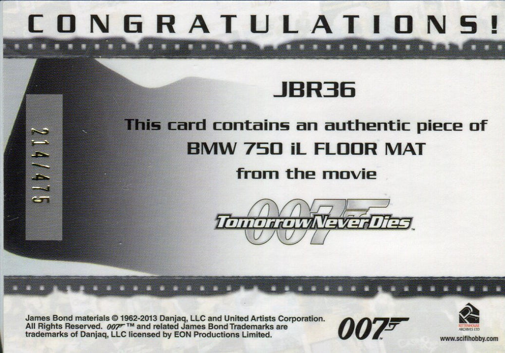 James Bond Archives 2014 Edition BMW 750 iL Floor Mat Relic Card JBR36 #214/475 (Copy) - TvMovieCards.com