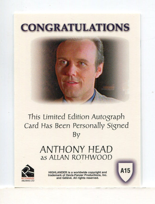 Highlander Complete Anthony Head as Allan Rothwood Autograph Card A15 - TvMovieCards.com