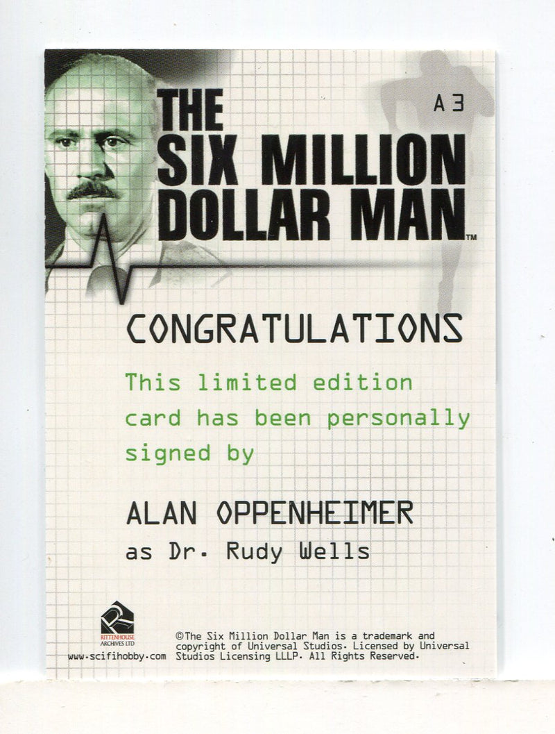 Six Million Dollar Man 1 & 2 Alan Oppenheimer Dr. Rudy Wells Autograph Card A3 - TvMovieCards.com