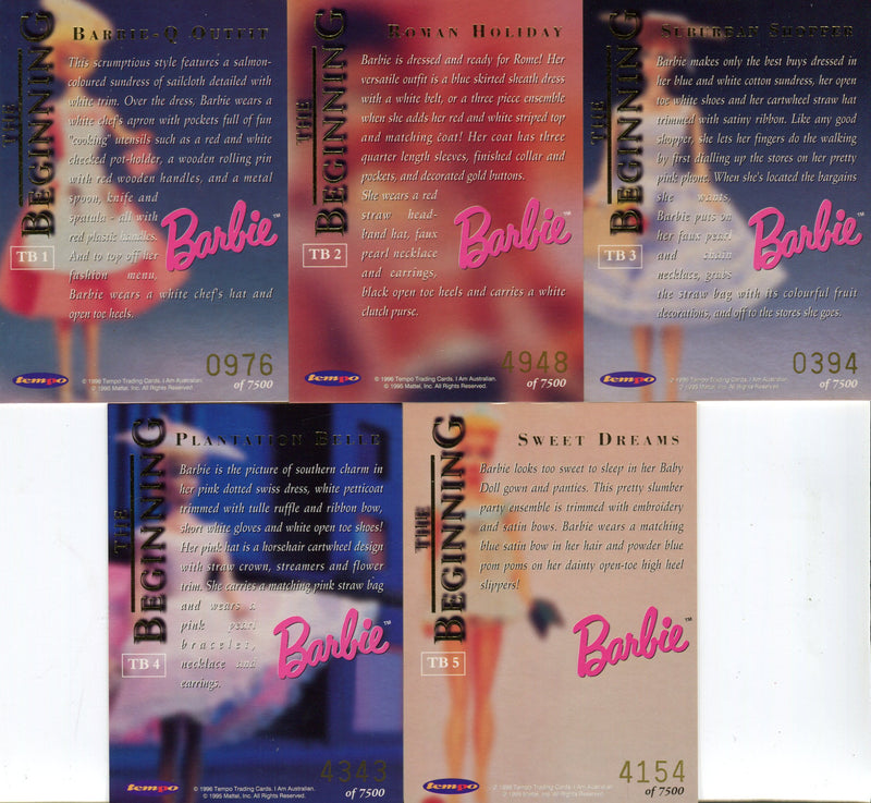 Barbie 36 Years of Barbie The Beginning Chase Card Set TB1-TB5 Tempo 1996 - TvMovieCards.com