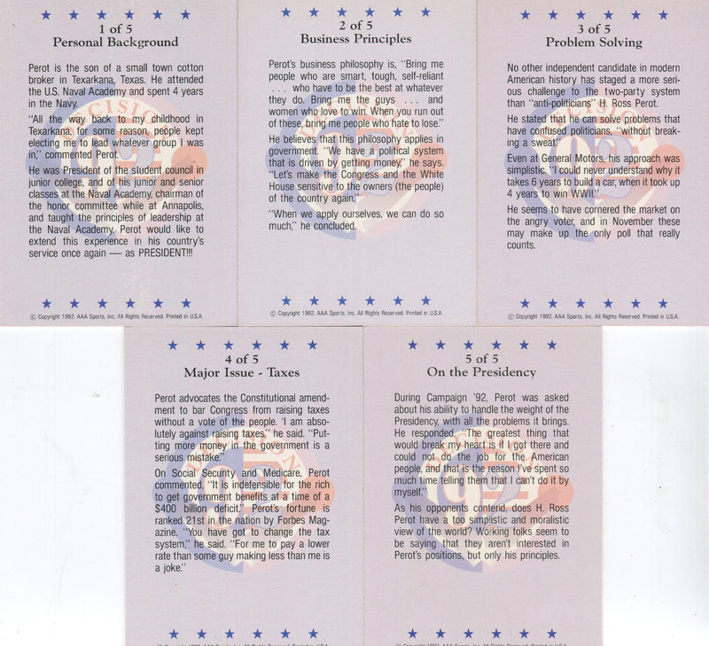 Decision '92 Ross Perot Chase Card Set 5 Cards AAA Sports 1992 - TvMovieCards.com