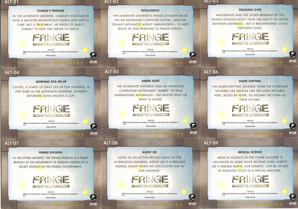 Fringe Seasons 3 & 4 The Other Side Chase Card Set ALT-01 - ALT-09 Cryptozoic - TvMovieCards.com