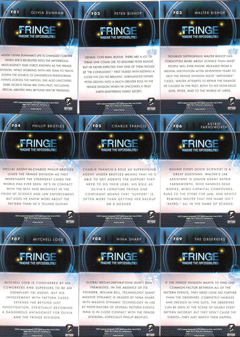 Fringe Seasons 1 & 2 Our Universe Foil Chase Card Set F01 - F09 Cryptozoic 2012 - TvMovieCards.com