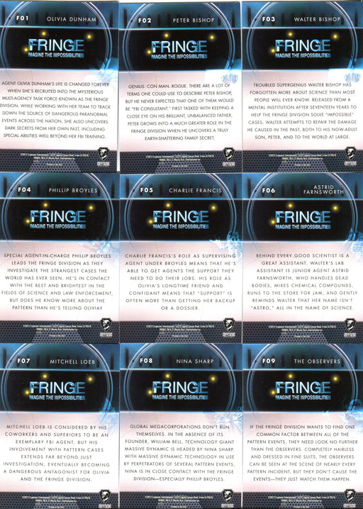 Fringe Seasons 1 & 2 Our Universe Foil Chase Card Set F01 - F09 Cryptozoic 2012 - TvMovieCards.com