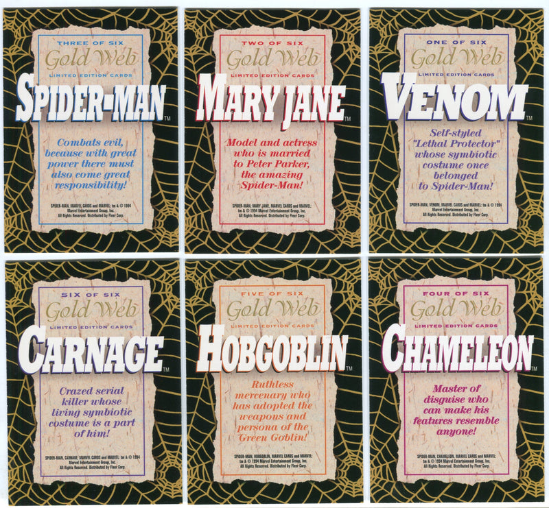 1994 Amazing Spider-man Gold Web Foil Chase Card Set 6/6 Cards - TvMovieCards.com