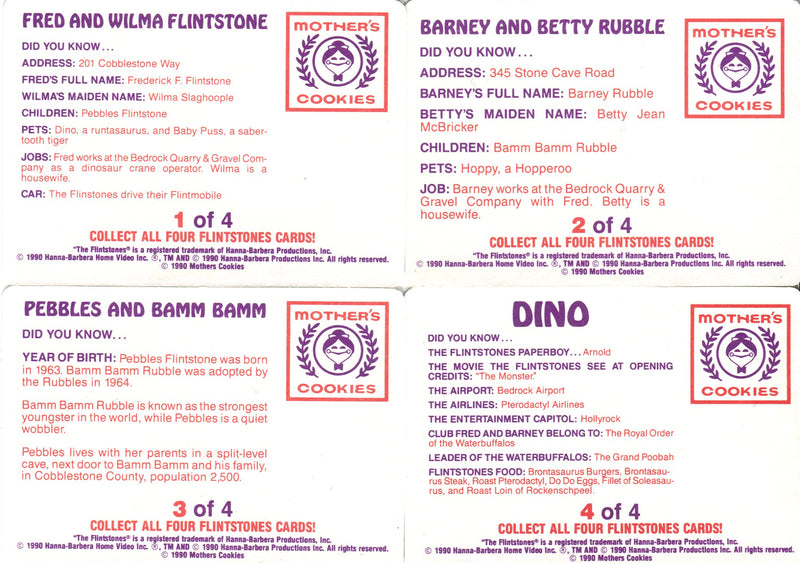 Flintstones Mother Cookies Trading Card Set of (4) 1 thru 4 1990 - TvMovieCards.com