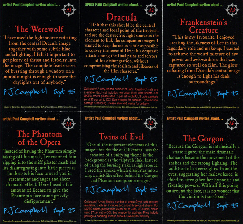 Hammer Horror Series 1 Crip-tych Chase Card Set A1 - A6 Cornerstone 1995 - TvMovieCards.com