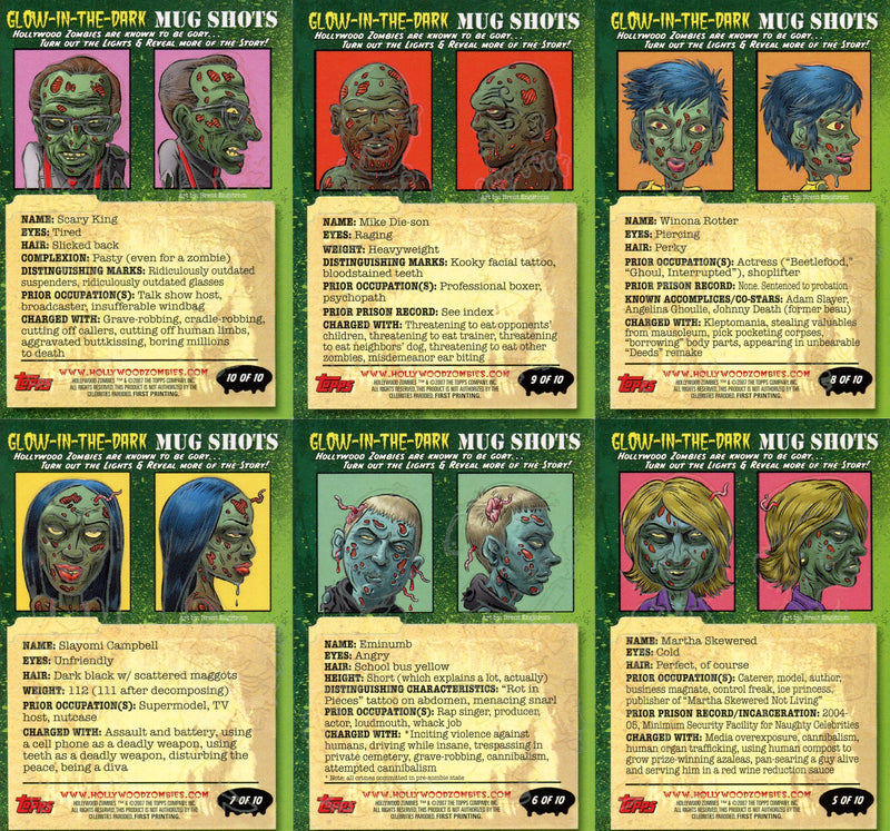 Hollywood Zombies Morbid Mugshots Gore-Glow Chase Card Set (10) Topps 2007 - TvMovieCards.com