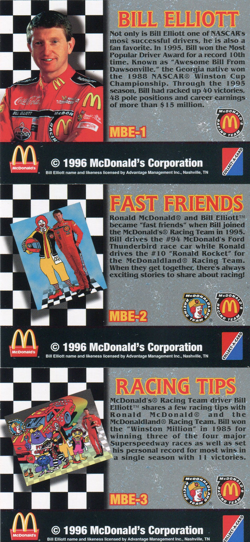1996 McDonaldland 500 Bill Elliott Racing Tips Chase Card Set MBE-1 - MBE-3 - TvMovieCards.com