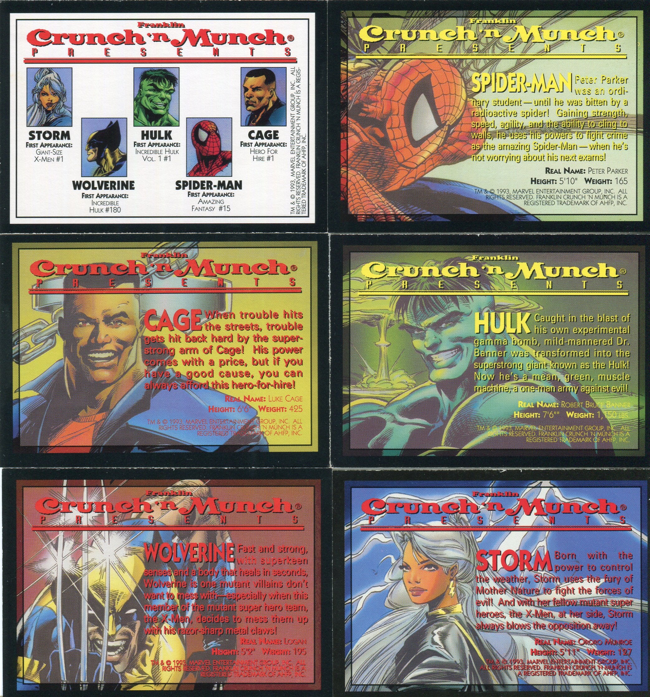 Marvel Crunch'n Munch Super Heroes Trading Card Set 6 Cards 1993