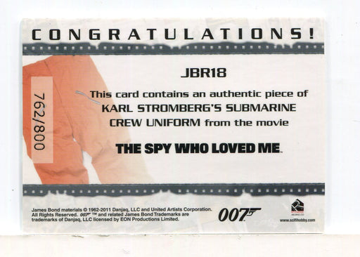James Bond Mission Logs Stromberg's Uniform Relic Costume Card JBR18 #762/800 - TvMovieCards.com