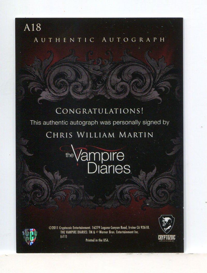 Vampire Diaries Season One Chris W. Martin as Zach Salvatore Autograph Card A18 - TvMovieCards.com