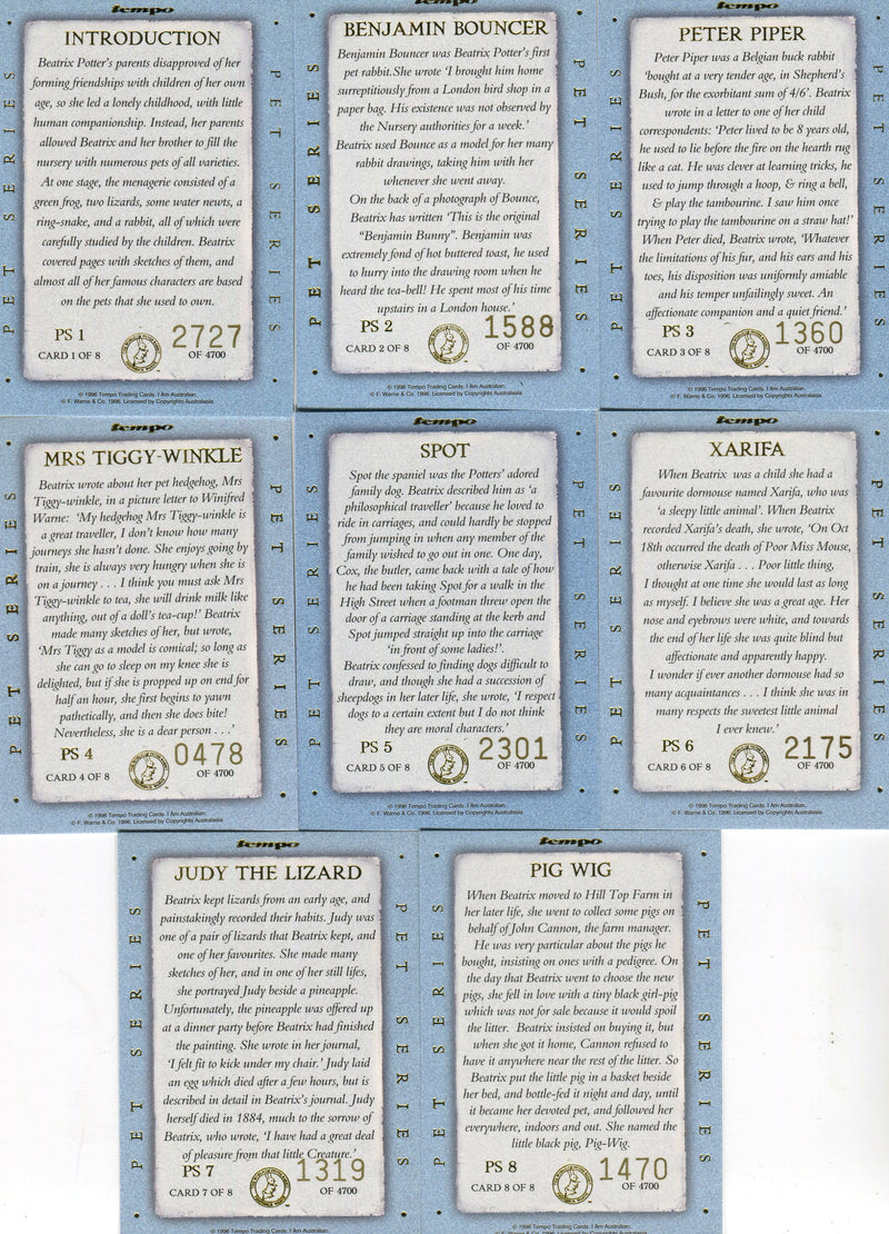 Peter Rabbit and Friends Pet Series Chase Card Set PS 1 thru PS 8 Tempo 1996 - TvMovieCards.com