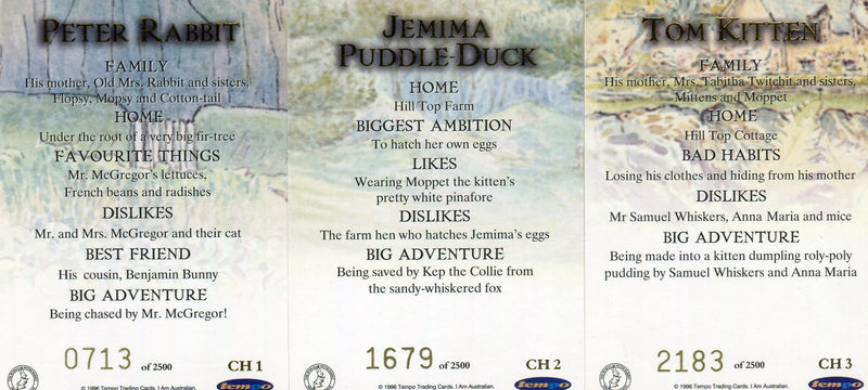 Peter Rabbit and Friends Chase Card Set CH 1 thru CH 3 Tempo 1996 - TvMovieCards.com