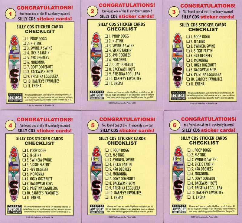 Silly CD's Sticker Chase Card Set 11 Sticker Cards Silly Productions 2001 - TvMovieCards.com