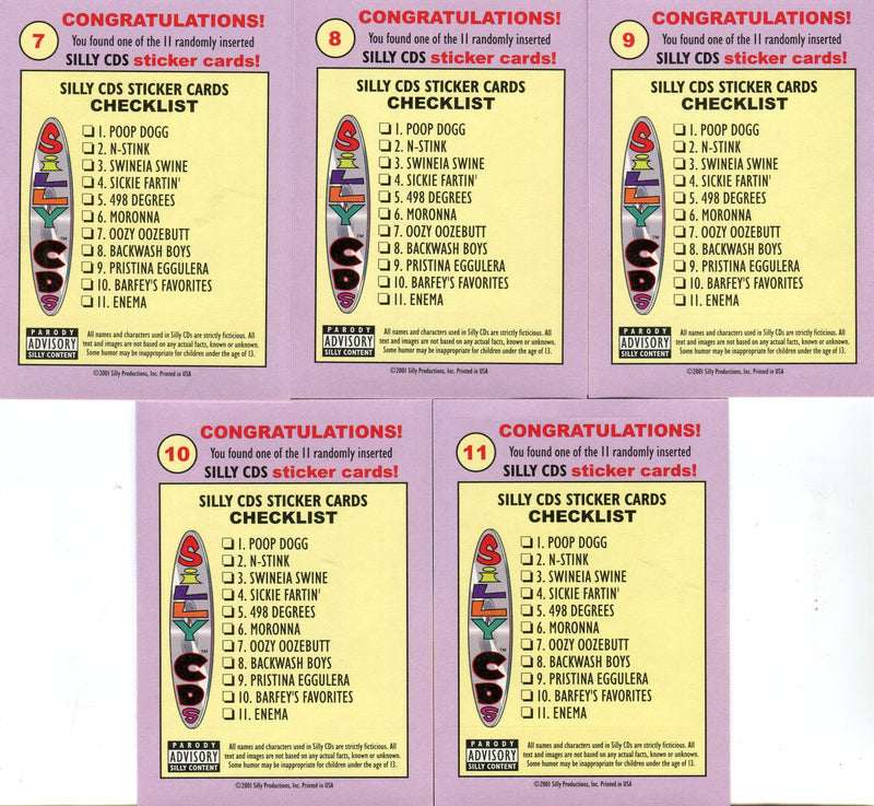 Silly CD's Sticker Chase Card Set 11 Sticker Cards Silly Productions 2001 - TvMovieCards.com