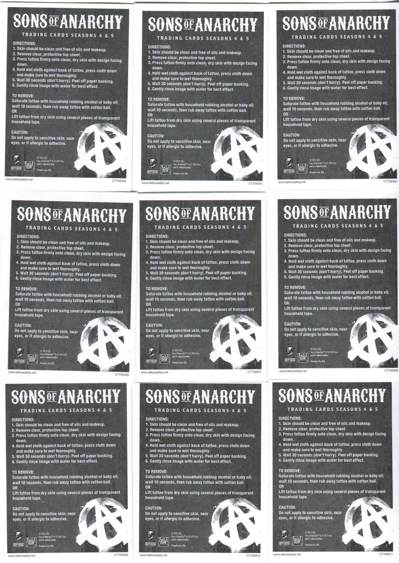 2015 Sons of Anarchy Seasons 4 & 5 Temporary Tattoos Chase Card Set TT10-18 - TvMovieCards.com