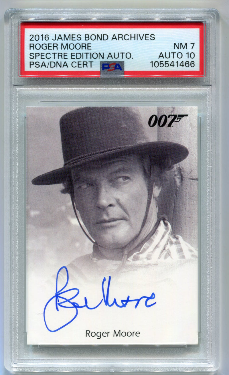 James Bond Archives Spectre Roger Moore as James Bond Autograph Card PSA 7 - TvMovieCards.com