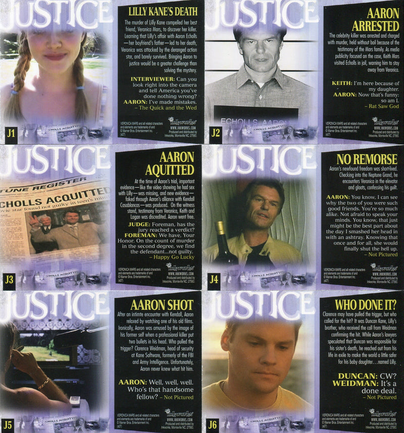 Veronica Mars Series 2 Justice Foil Chase Card Set J1 - J6 Inkworks 2007 - TvMovieCards.com