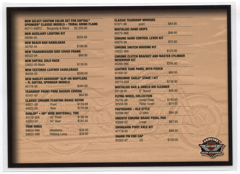 2005 Softail FLSTSCI Harley Davidson Accessories Spec Sheet Dealer Card - TvMovieCards.com