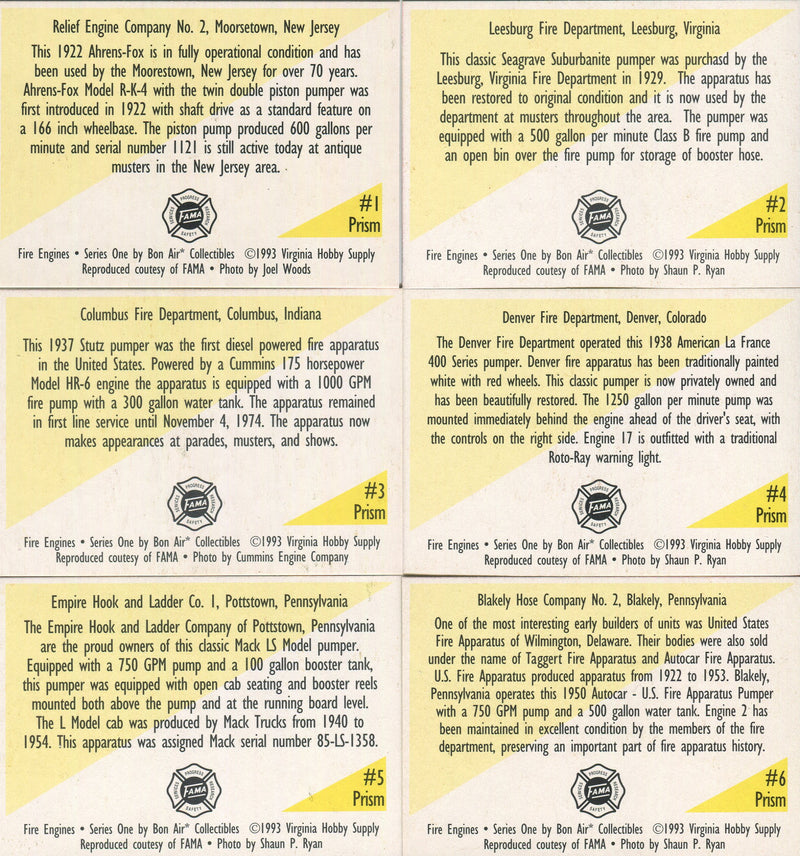 1993 Fire Engines Series 1 Prism Chase Card Set #1 thru #6 - TvMovieCards.com