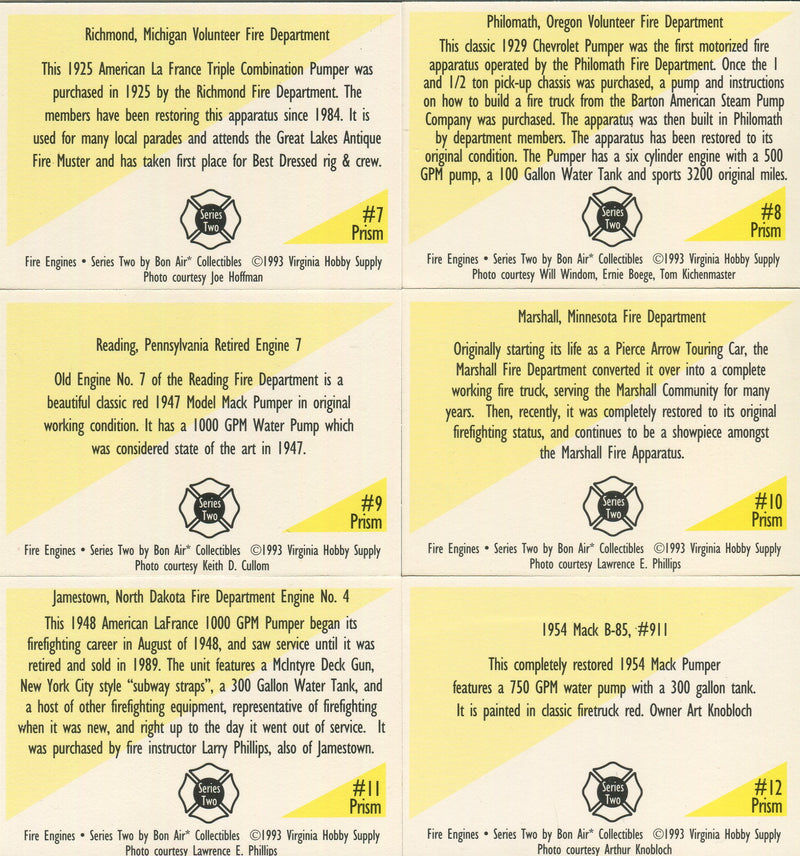 1993 Fire Engines Series 2 Prism Chase Card Set #7 thru #12 - TvMovieCards.com